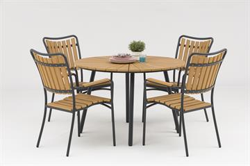 Havemøbelsæt - Rundt Havebord + 4 stole i ny træfarvet artwood.